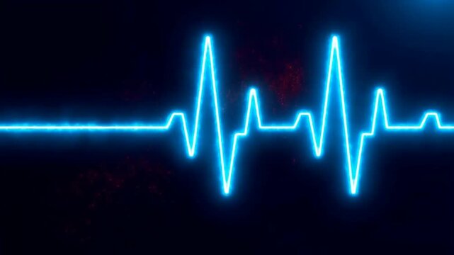 A glowing blue EKG pulse monitor flatlines and then spikes against a dark background, momentarily overtaken by a dramatic explosion of orange energy and lightning.