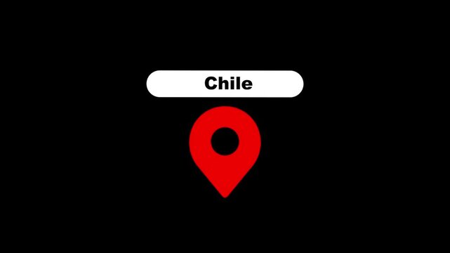 Chile map location pin animation, red gps marker with country name label for travel and geography projects