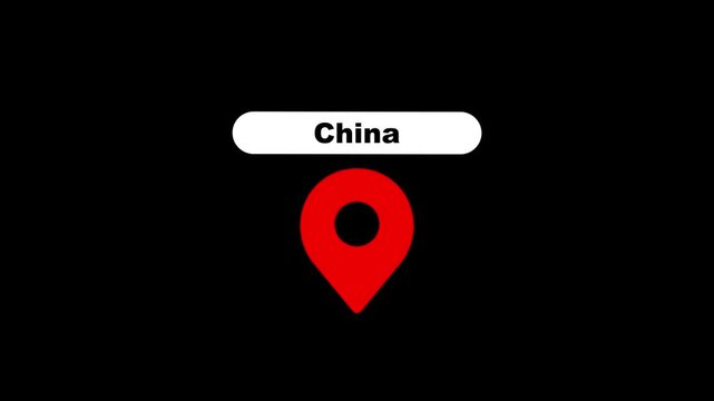 China location pin animation on black background, travel destination map marker