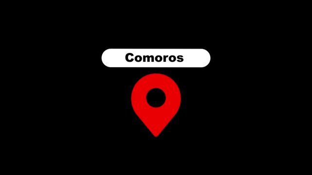 Comoros location pin animation on black background, for travel and, mapping projects