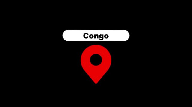 Congo location pin animation on black background, for travel and, mapping projects marker