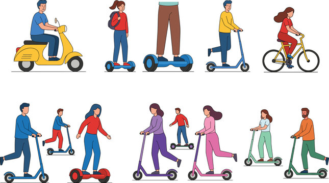 People riding electric scooters, hoverboards, bicycles, and mopeds vector collection for urban transportation and eco mobility concepts