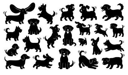 Cute dog silhouette collage vector illustration playful puppy collection isolated on white