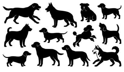 Dogs silhouette collage vector illustration domestic pet breed collection isolated on white © MdMiraz