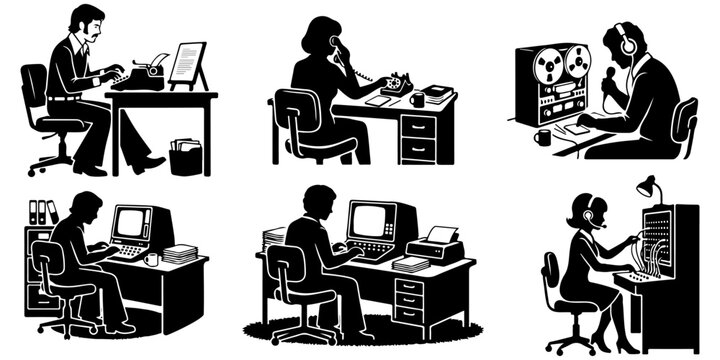 Retro vintage office worker black silhouette scene set with typist, telephone operator, reel recorder, early computer users and switchboard in 1970s style