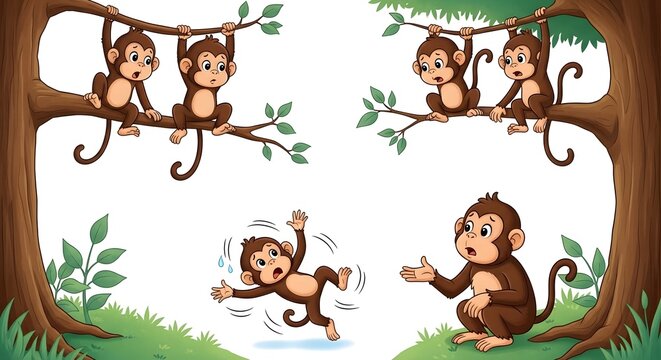 A Group of Playful Monkeys Swinging from Tree Branches and One Falling Down