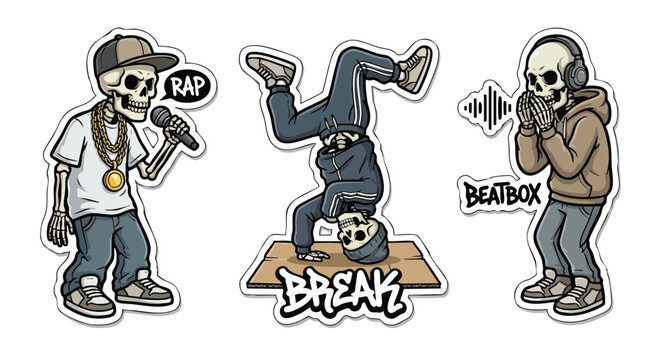 Hip-hop skeleton characters performing rap, breakdance, and beatbox