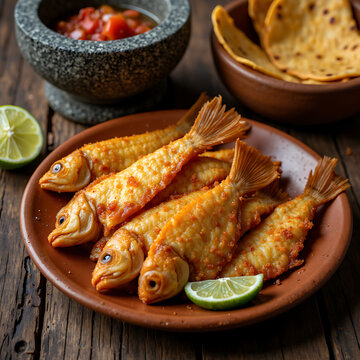 golden fried charales with translucent fins on rustic mexican plate