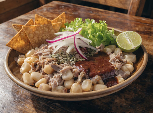 colima style dry pozole with pork hominy cabbage lime garnish