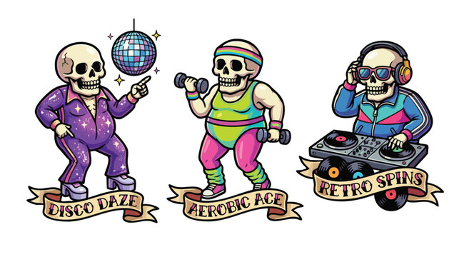 Retro skeletons in vibrant workout and disco attire