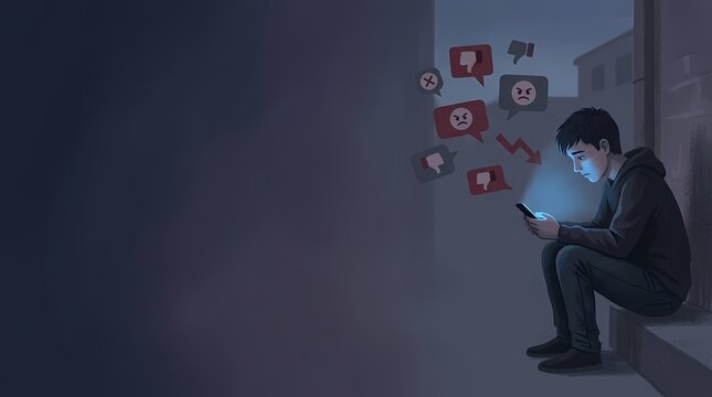 Lonely teenager boy sitting alone in the dark using smartphone social media.