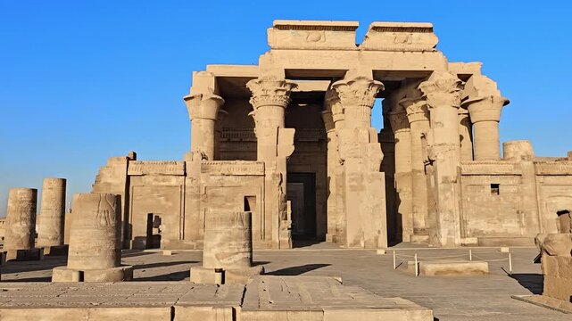 Kom Ombo temple ruins with double columns and composite capitals against clear blue sky in Egypt, ancient Ptolemaic architecture dedicated to Sobek and Horus with damaged walls.