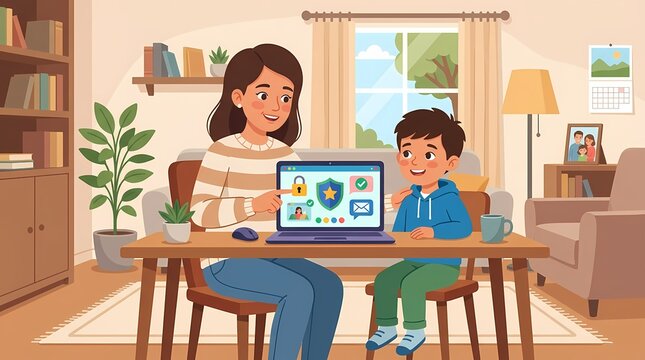 Mother teaching son about internet safety and cybersecurity at home.
