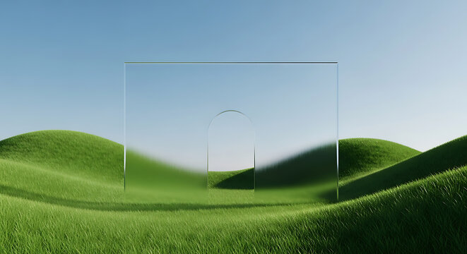 Minimalist Surreal Landscape with Glass Arch and Rolling Hills