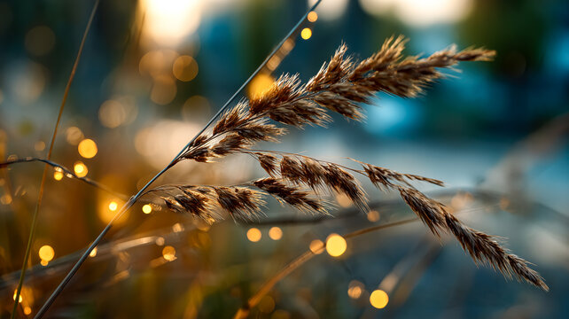 Golden wheat stalks in soft bokeh light