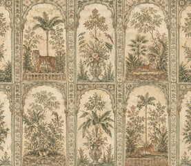 Seamless vintage botanical wallpaper with tigers exotic plants and ornate decorative panels © Vani