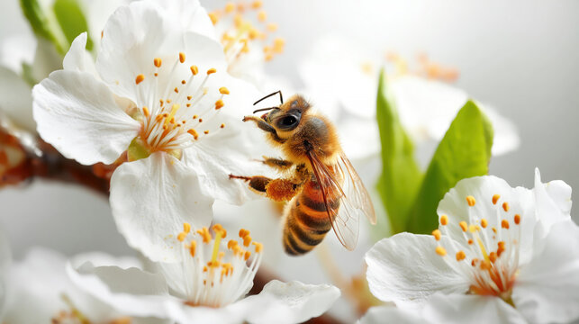 Close-up of honeybee collecting pollen from white cherry blossoms with vibrant green leaves and soft background