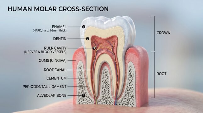 Anatomy diagram of a human molar tooth cross section with labels illustration