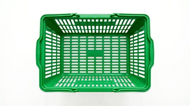 Top view of an empty green plastic shopping basket isolated on a white background for retail store and grocery commerce display.