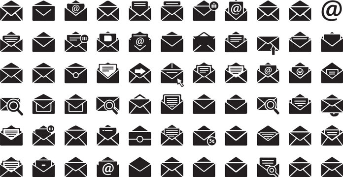 Email icon set, 40 black and white envelope symbols, mail icons, messaging graphics