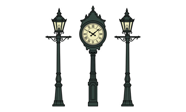 Vintage Street Clock and Lantern Post Illustration Set