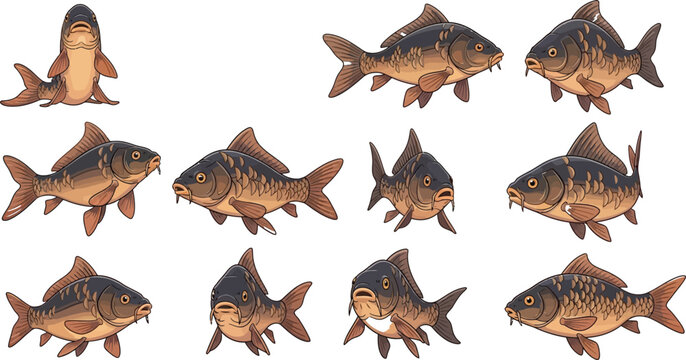 Cute carp and koi fish cartoon character collection with different poses swimming floating isolated on white background vector illustrationCute carp and koi fish cartoon character collection with diff