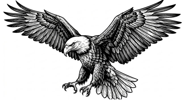 Majestic bald eagle in flight with extended talons black and white vector illustration