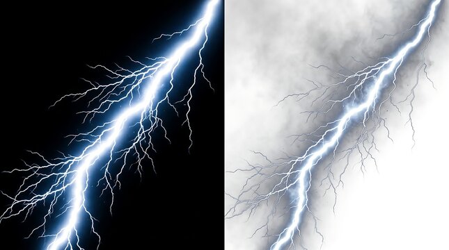 Lightning bolts on black and white backgrounds, with smoke