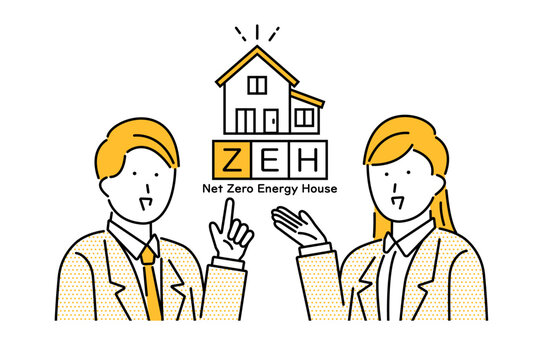 ZEH住宅を紹介するビジネスマンとビジネスウーマン