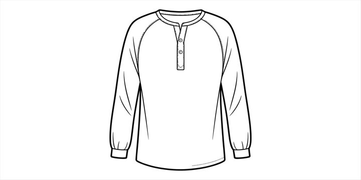 Black and white fashion sketch of a mens long sleeve henley shirt with raglan sleeves and a button placket Vector, illustration