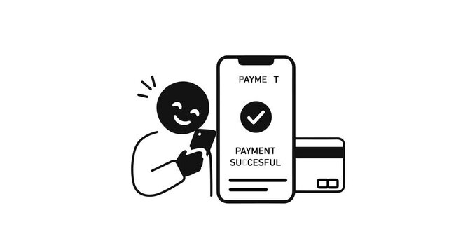 Animated stick figure holding a smartphone next to a successful payment confirmation screen with a credit card icon. Minimalist black and white doodle animation for digital transaction and finance.