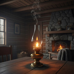 Fototapeta premium Kerosene lamp made of antique brass burning on a wooden table inside a rustic log cabin room with fireplace