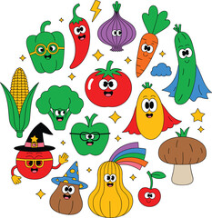 Fototapeta premium Cute Vegetable Superhero Cartoon Character Set with Funny Emoji Faces for Kids Nutrition, Healthy Eating Education, Vegan Lifestyle, and Playful Food Themed Graphic Designs