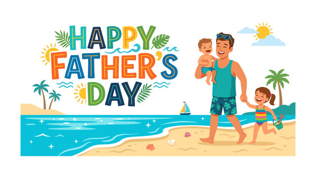 Happy Father's Day on the Beach: a dad and two kids playing on the beach to celebrate Father's Day with joy and happiness. 