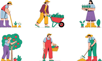 Fototapeta premium Diverse People Harvesting Crops and Gardening Vector Illustration Set with Farmers Planting, Picking Fruit, and Using Garden Tools for Agriculture, Sustainability, and Organic Lifestyle Designs