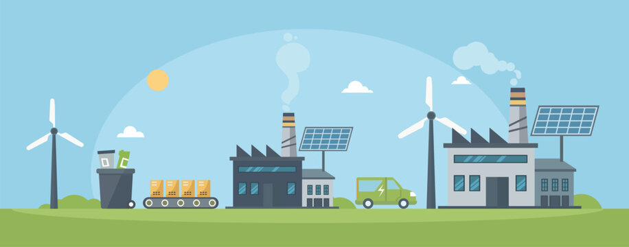 Eco friendly manufacturing plant with renewable energy recycling waste management and electric transport supporting sustainable industry