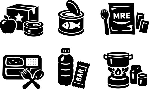 Vector icon ration food emergency survival meal black silhouette set
