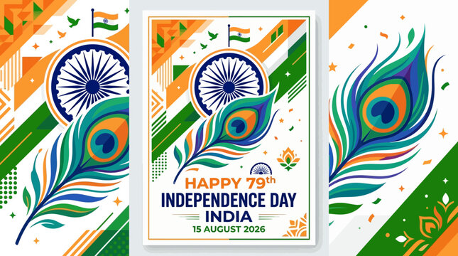 Happy 79th Independence Day India 2025 Celebration with Peacock Feather and Indian Flag Elements