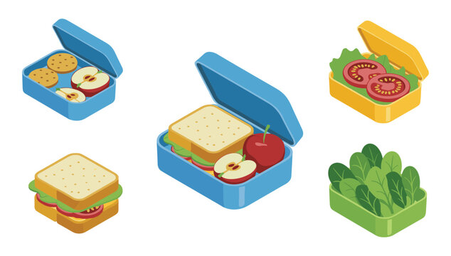 Lunch Box Meal Illustration: Healthy packed lunch container with sandwich and fresh food items. school lunch, takeaway meal, food storage, picnic snack, healthy eating concept.