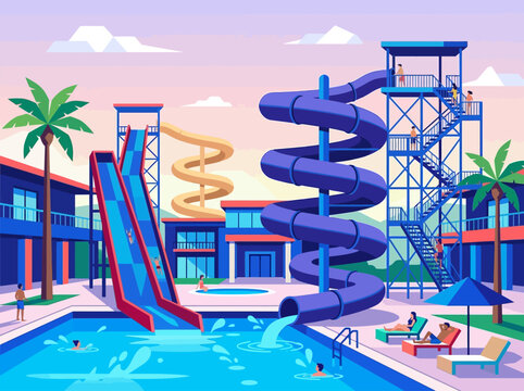 Vibrant Water Park Resort with Colorful Slides Swimming Pool and Summer Vacation Activities Vector Illustration