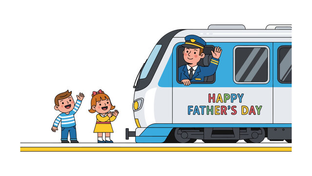 Happy Father's Day: Illustration of a train with a father as a driver, waving at his children in a heartwarming Father's Day scene.