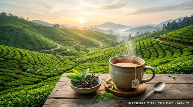 Steaming cup of tea on a wooden table overlooking tea plantation