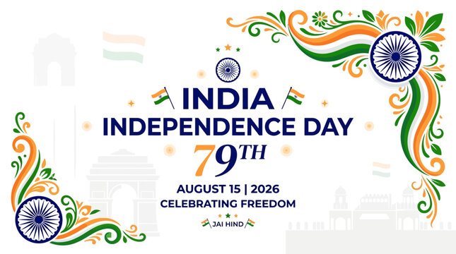 Celebrate the 79th Indian Independence Day on August 15, 2026, with a patriotic illustration marking 79 years of freedom and the spirit of Jai Hind