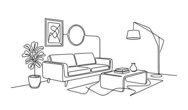 Abstract living room interior monoline sofa decor vector design