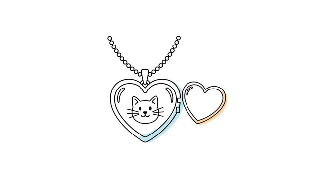 Open heart-shaped locket pendant on a chain featuring a cute cat face illustration inside with soft color accents.