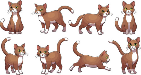 Fototapeta premium Set of cute domestic cat vector illustrations in various walking and sitting positions for pet shop design elementsSet of cute domestic cat vector illustrations in various walking and sitting position