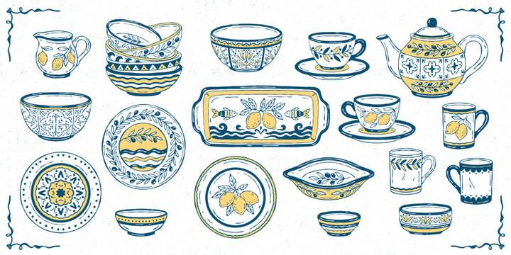 Hand-drawn Mediterranean ceramic tableware vector collection with colorful accents, featuring plates, bowls, cups, teapot and serving dishes with lemons, olives and botanical motifs