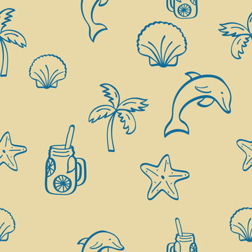 Minimalist Mediterranean Marine Pattern, Blue Outlined Summer Symbols on Beige Background, Coastal Seamless Texture for Branding.