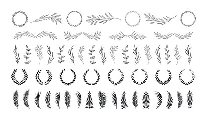 Collection of hand-drawn botanical elements and laurel wreaths for design © 11ua