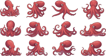 Set of cute ocean octopus vector illustrations in various underwater swimming positions for marine wildlife design elementsSet of cute ocean octopus vector illustrations in various underwater swimming © Snowar